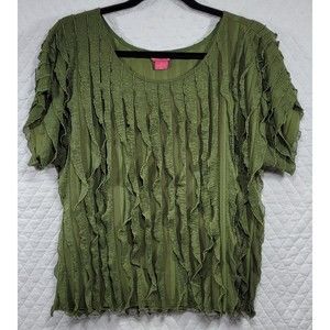 Sunny Leigh Women's Top Sheer Vertical Ruffled Pullover Forest Green Size M